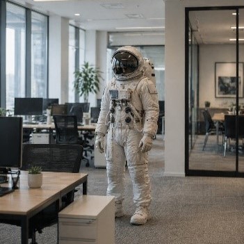 Astronaut standing in an office